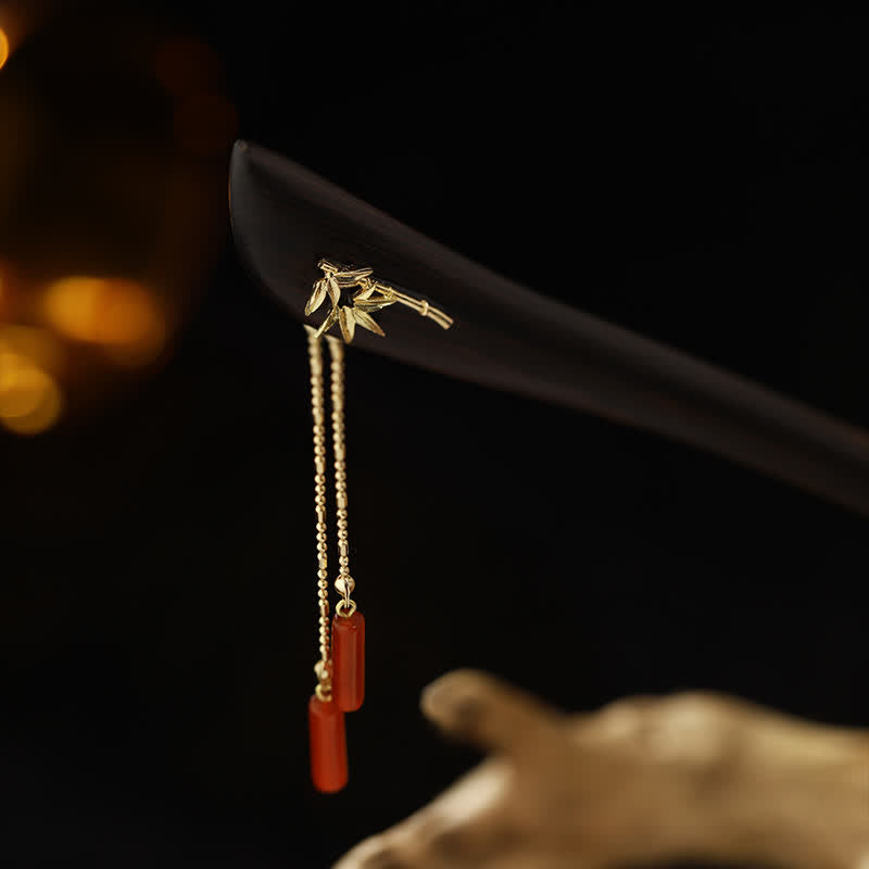 Red Agate & Ebony Wood Hairpin: Traditional Tassel Design for Confidence & Style