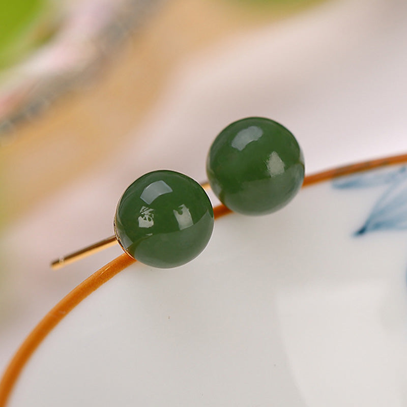 925 Sterling Silver Round Cyan Jade Healing Calm Stud Earrings