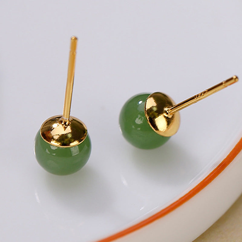 925 Sterling Silver Round Cyan Jade Healing Calm Stud Earrings