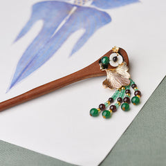 Red Sandalwood & Green Agate Hairpin: Feng Shui Lucky Hair Accessory with Ginkgo Leaf Charm