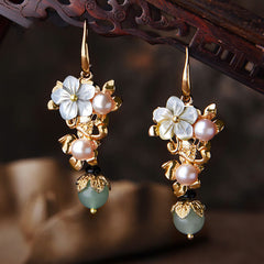 14K Gold Plated Tridacna Stone Flower Pearl Green Aventurine Bead Drop Earrings