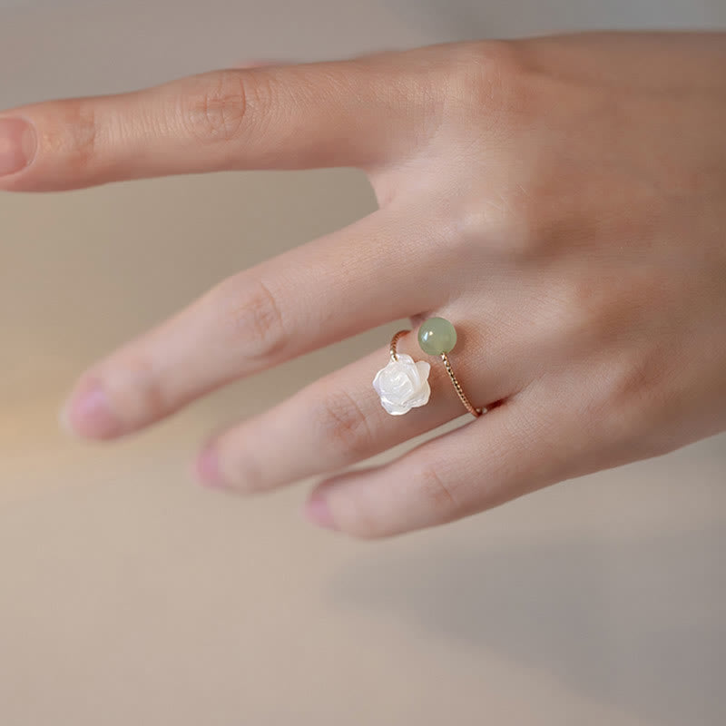 14K Gold Plated Tridacna Stone Rose Flower Jade Bead Blessing Ring