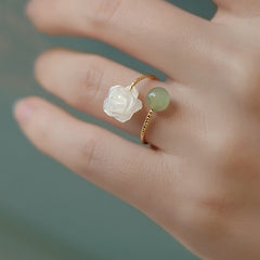 14K Gold Plated Tridacna Stone Rose Flower Jade Bead Blessing Ring