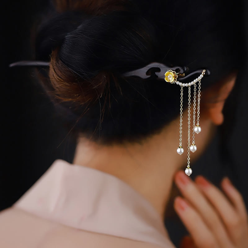 Ebony Wood Hairpin with Yellow Flowers & Pearl Tassels | Feng Shui Hair Accessory