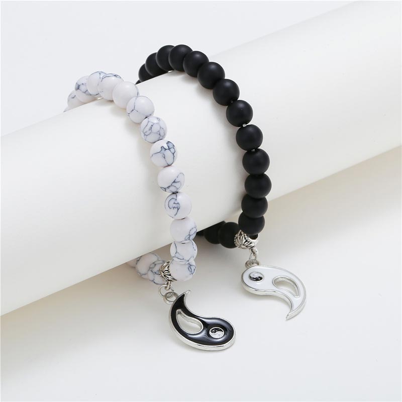 2pcs Natural Black Onyx White Turquoise Bead Yin Yang Couple Bracelet