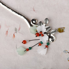 Red Agate & Jade Flower Hair Pin with Calming Tassel for Feng Shui, Women's Traditional Hair Accessories