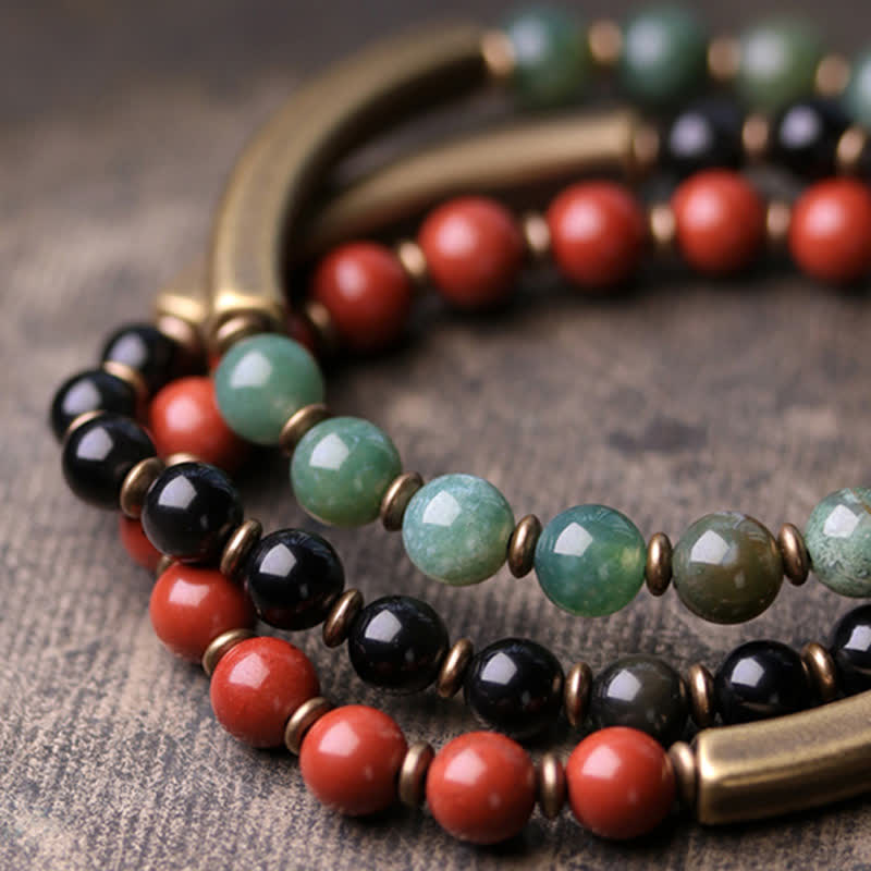 Red Jasper Moss Agate Black Obsidian Crystal Copper Peace Couple Bracelet