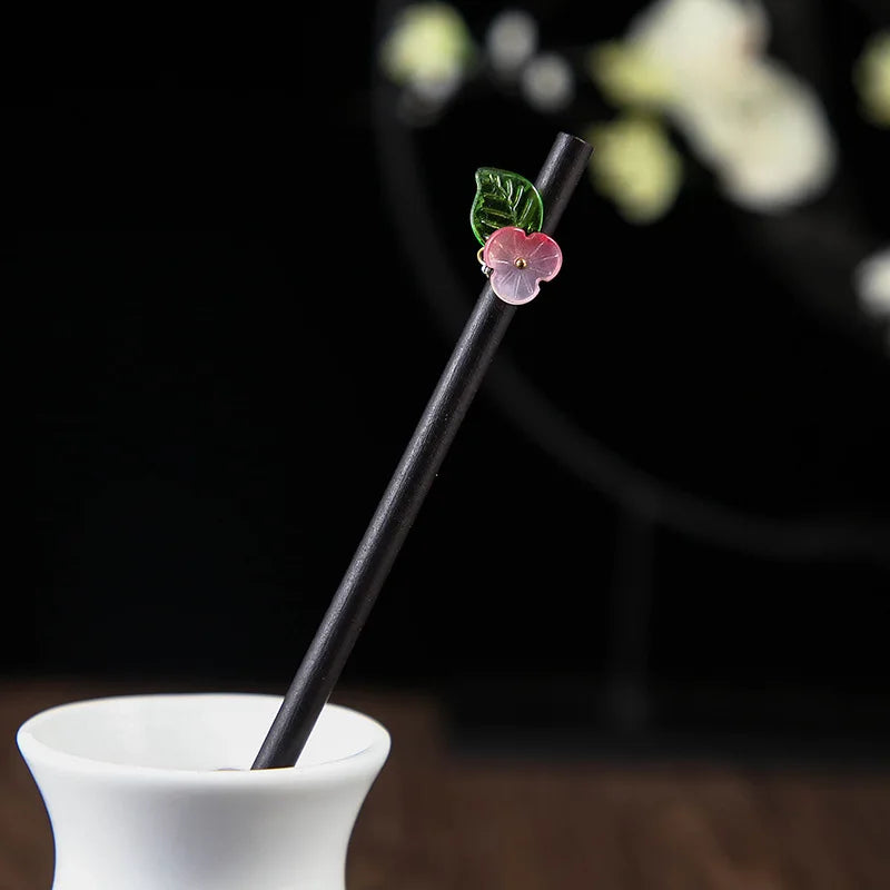 Chinese Style Wooden Hair Stick with Silk Flower & Tassel – Feng Shui Hairpin