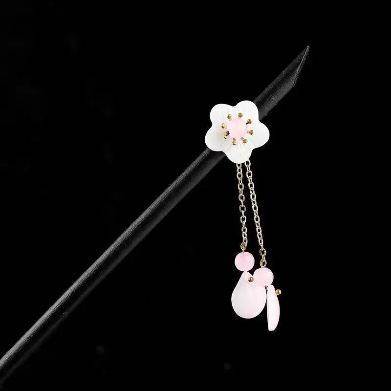 Chinese Style Wooden Hair Stick with Silk Flower & Tassel – Feng Shui Hairpin