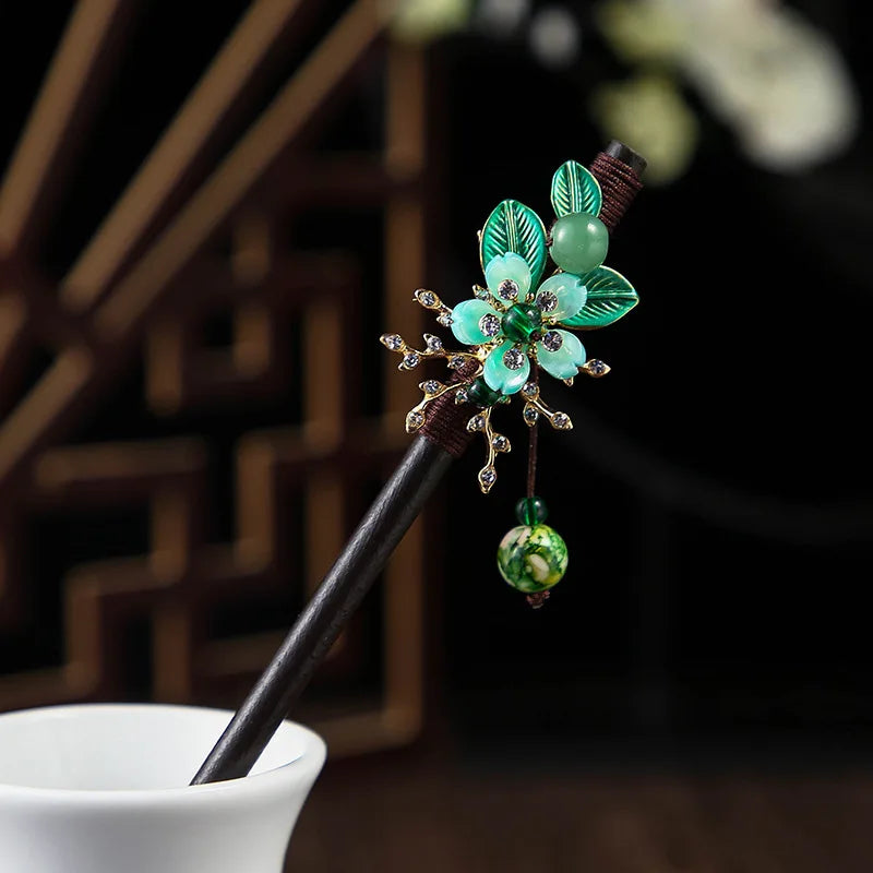 Chinese Style Wooden Hair Stick with Silk Flower & Tassel – Feng Shui Hairpin