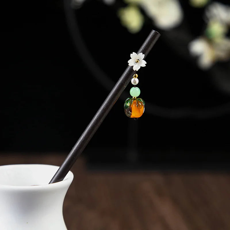 Chinese Style Wooden Hair Stick with Silk Flower & Tassel – Feng Shui Hairpin