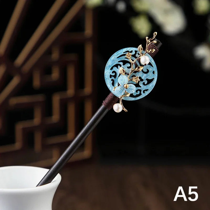 Chinese Style Wooden Hair Stick with Silk Flower & Tassel – Feng Shui Hairpin