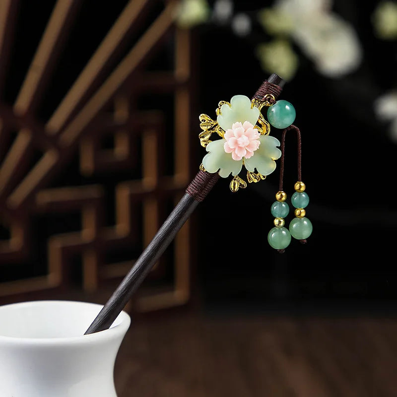 Chinese Style Wooden Hair Stick with Silk Flower & Tassel – Feng Shui Hairpin