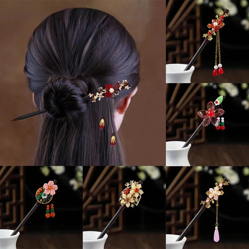 Chinese Style Wooden Hair Stick with Silk Flower & Tassel – Feng Shui Hairpin