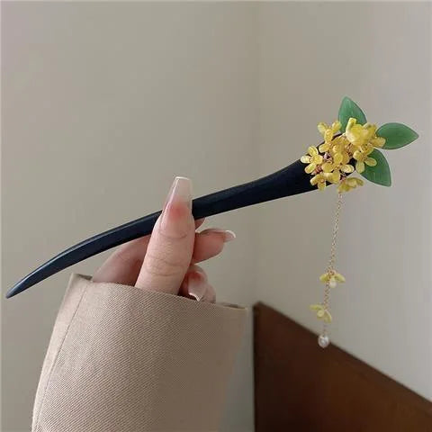‌Elegant New Jade Orchid Wooden Hairpin: Vintage Coiled Hairpiece Ringflower for Hanfu/Cheongsam Hair Accessories‌