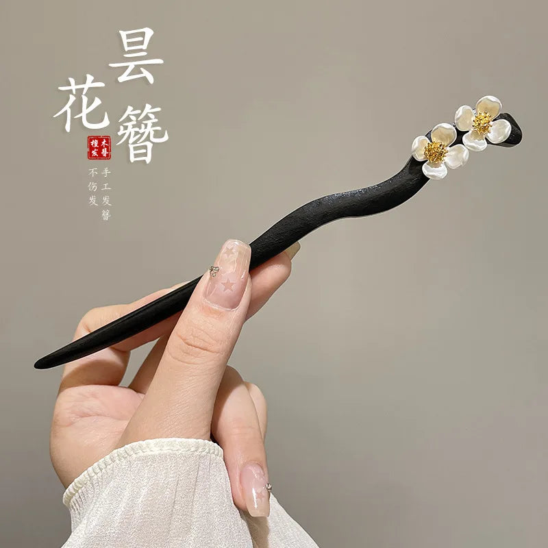 ‌Elegant New Jade Orchid Wooden Hairpin: Vintage Coiled Hairpiece Ringflower for Hanfu/Cheongsam Hair Accessories‌