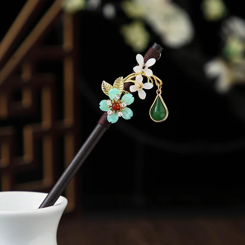 Chinese Style Wooden Hair Stick with Silk Flower & Tassel – Feng Shui Hairpin