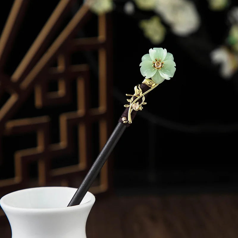 Chinese Style Wooden Hair Stick with Silk Flower & Tassel – Feng Shui Hairpin