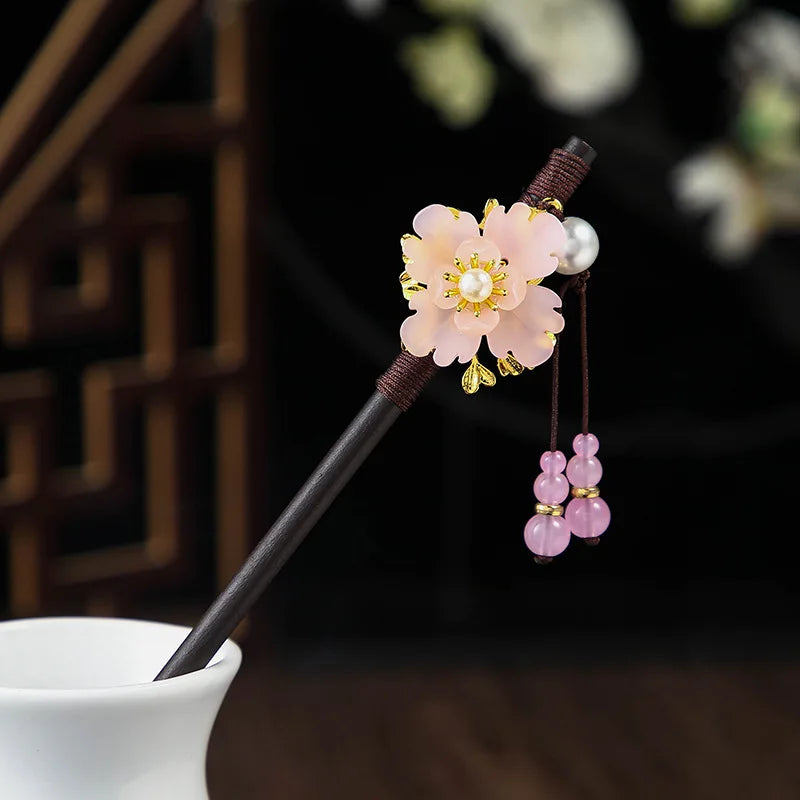 Chinese Style Wooden Hair Stick with Silk Flower & Tassel – Feng Shui Hairpin