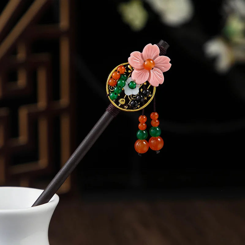 Chinese Style Wooden Hair Stick with Silk Flower & Tassel – Feng Shui Hairpin