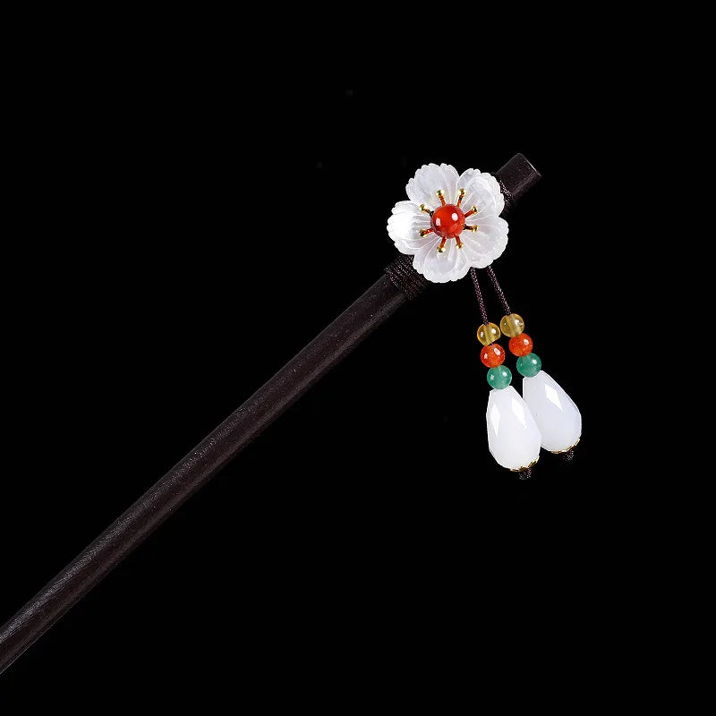 Chinese Style Wooden Hair Stick with Silk Flower & Tassel – Feng Shui Hairpin