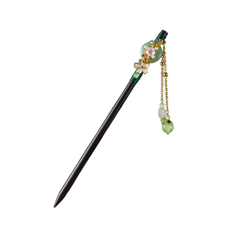 Chinese Style Wooden Hair Stick with Silk Flower & Tassel – Feng Shui Hairpin