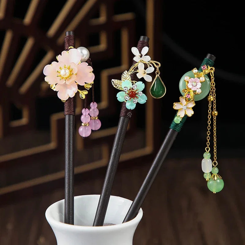 Chinese Style Wooden Hair Stick with Silk Flower & Tassel – Feng Shui Hairpin