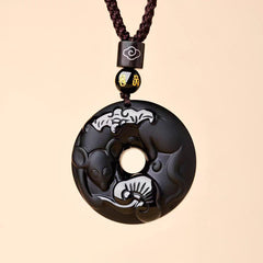 Putuo Mountain Natural Black Obsidian 12 Zodiac Ping An Kou Necklace – Sacred Buddhist Amulet for Peace, Protection & Personal Destiny