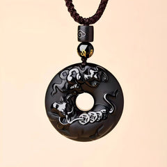 Putuo Mountain Natural Black Obsidian 12 Zodiac Ping An Kou Necklace – Sacred Buddhist Amulet for Peace, Protection & Personal Destiny