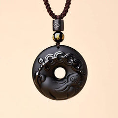 Putuo Mountain Natural Black Obsidian 12 Zodiac Ping An Kou Necklace – Sacred Buddhist Amulet for Peace, Protection & Personal Destiny