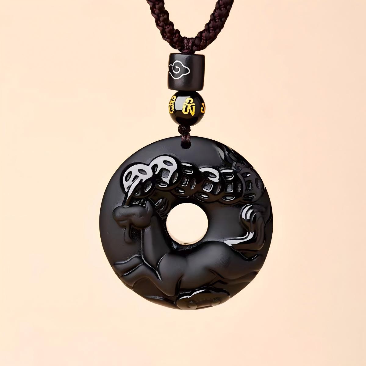 Putuo Mountain Natural Black Obsidian 12 Zodiac Ping An Kou Necklace – Sacred Buddhist Amulet for Peace, Protection & Personal Destiny