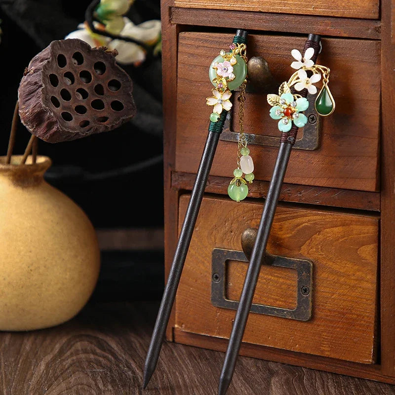 Chinese Style Wooden Hair Stick with Silk Flower & Tassel – Feng Shui Hairpin