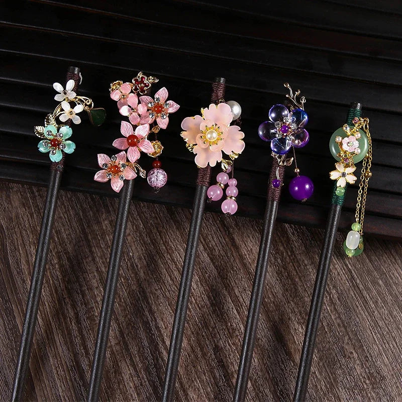 Chinese Style Wooden Hair Stick with Silk Flower & Tassel – Feng Shui Hairpin