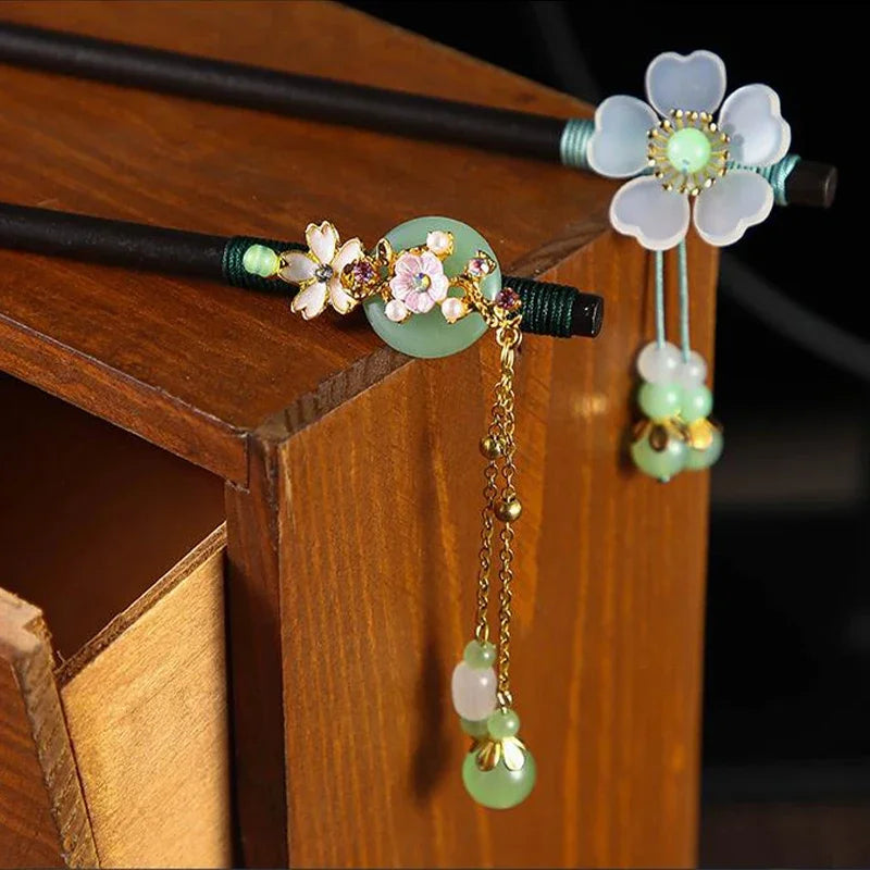 Chinese Style Wooden Hair Stick with Silk Flower & Tassel – Feng Shui Hairpin