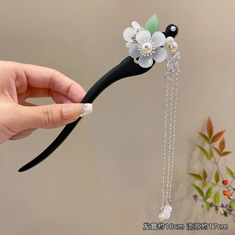 ‌Elegant New Jade Orchid Wooden Hairpin: Vintage Coiled Hairpiece Ringflower for Hanfu/Cheongsam Hair Accessories‌