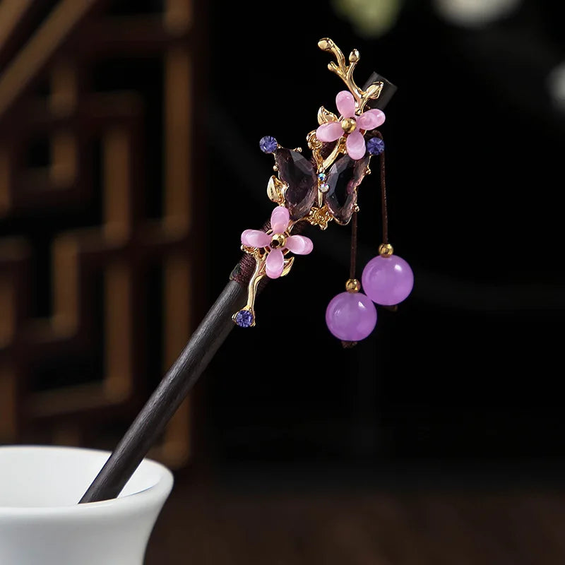 Chinese Style Wooden Hair Stick with Silk Flower & Tassel – Feng Shui Hairpin