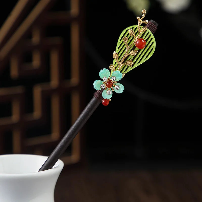 Chinese Style Wooden Hair Stick with Silk Flower & Tassel – Feng Shui Hairpin