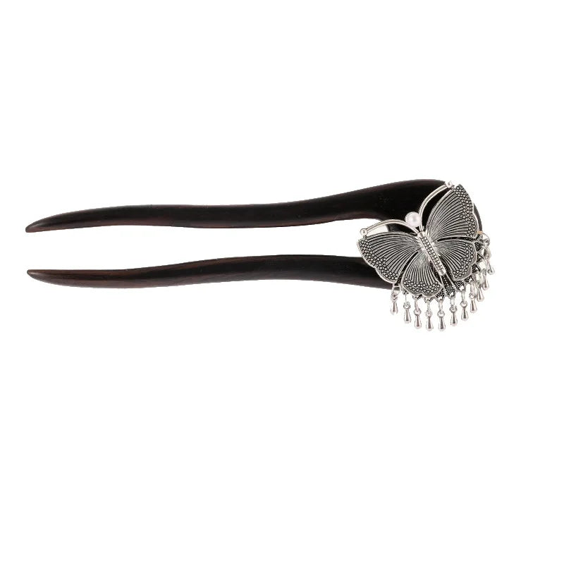 Tibetan Style Wooden Hairpin – Butterfly U-Shaped Feng Shui Hair Stick
