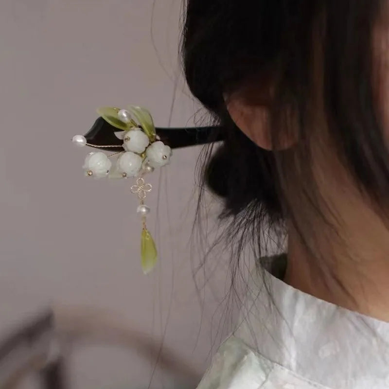 ‌Elegant New Jade Orchid Wooden Hairpin: Vintage Coiled Hairpiece Ringflower for Hanfu/Cheongsam Hair Accessories‌