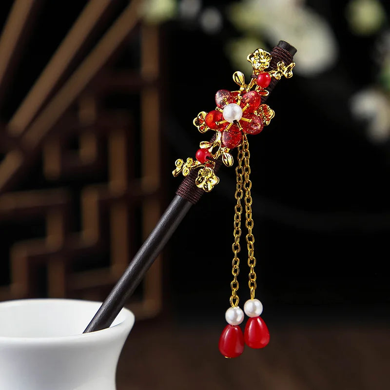 Chinese Style Wooden Hair Stick with Silk Flower & Tassel – Feng Shui Hairpin