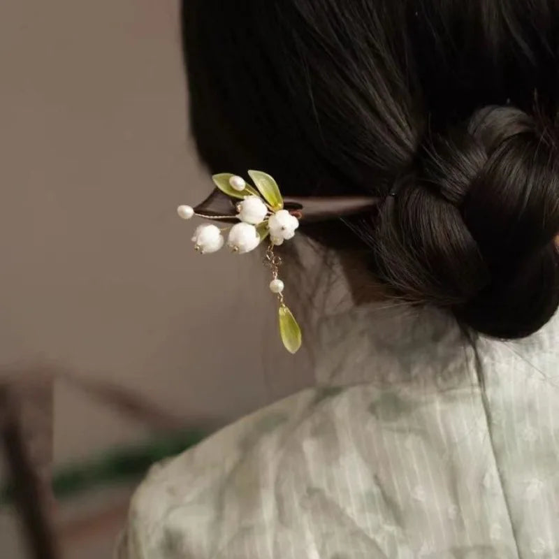 ‌Elegant New Jade Orchid Wooden Hairpin: Vintage Coiled Hairpiece Ringflower for Hanfu/Cheongsam Hair Accessories‌