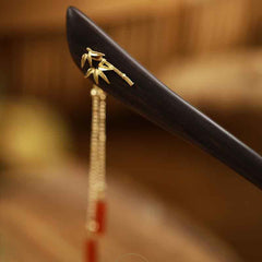 Red Agate & Ebony Wood Hairpin: Traditional Tassel Design for Confidence & Style