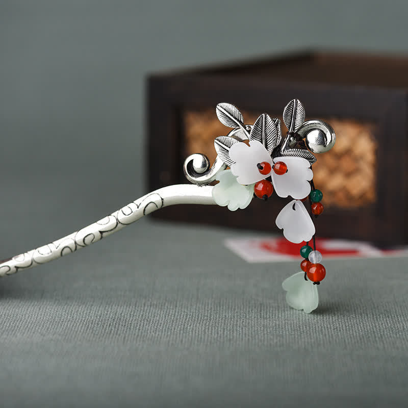 Red Agate & Jade Flower Hair Pin with Calming Tassel for Feng Shui, Women's Traditional Hair Accessories