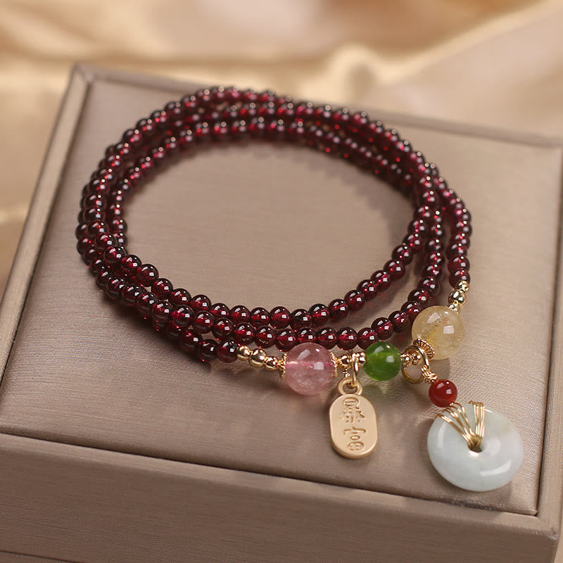 Natural Garnet Strawberry Quartz Crystal Fox Koi Fish Peace Buckle Fortune Protection Triple Wrap Bracelet