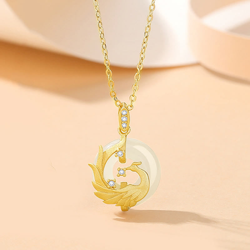 925 Sterling Silver Year of the Dragon Hetian Jade Golden Dragon Phoenix Peace Buckle Luck Necklace Pendant