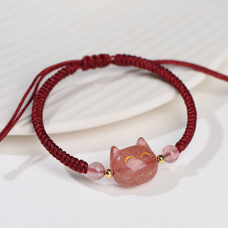 Handmade Natural Silver Sheen Obsidian Strawberry Quartz Cute Cat Protection Braided Bracelet