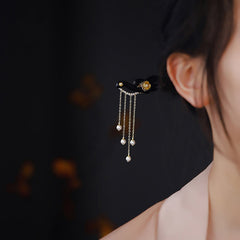 Ebony Wood Hairpin with Yellow Flowers & Pearl Tassels | Feng Shui Hair Accessory