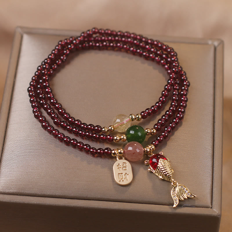 Natural Garnet Strawberry Quartz Crystal Fox Koi Fish Peace Buckle Fortune Protection Triple Wrap Bracelet