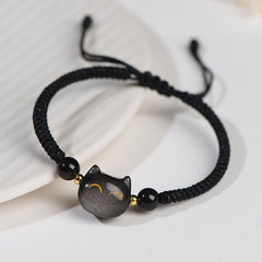 Handmade Natural Silver Sheen Obsidian Strawberry Quartz Cute Cat Protection Braided Bracelet