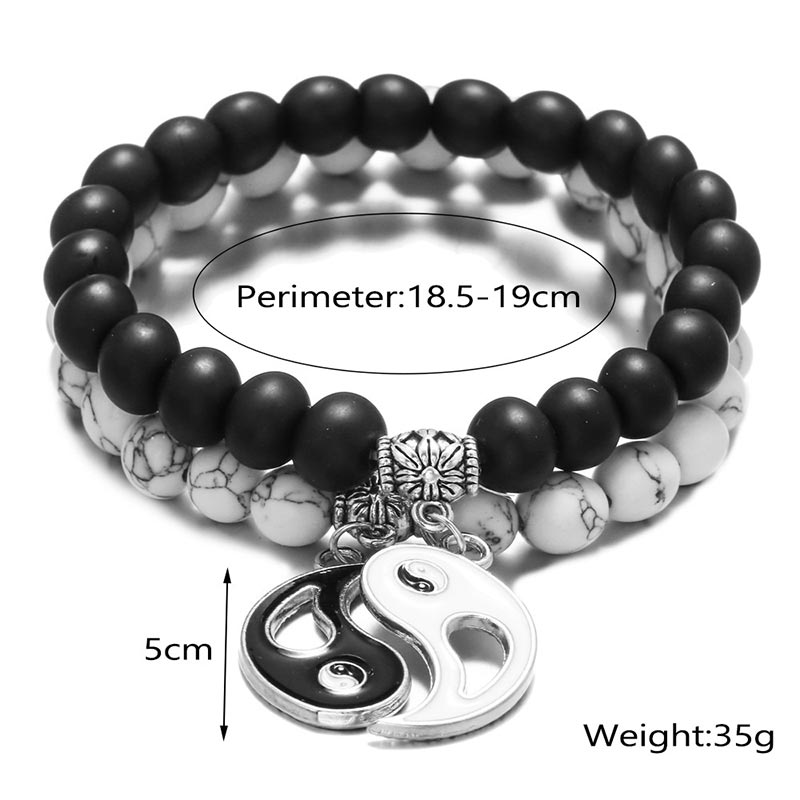 2pcs Natural Black Onyx White Turquoise Bead Yin Yang Couple Bracelet